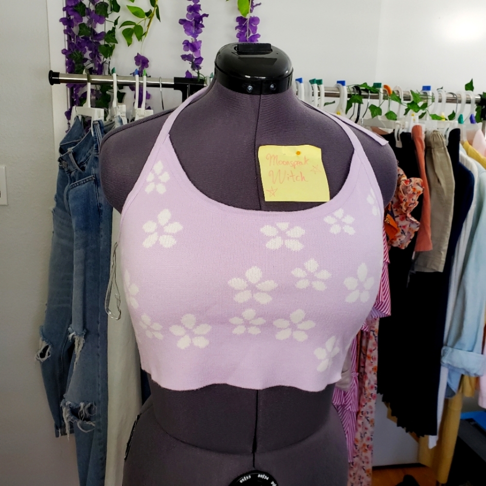 NWT Lavender Floral Knit Halter Crop Top